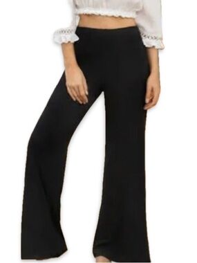 DONNA Black Ribbed Plush Velvet Wide Leg Pants High Rise Medium Made in Canada
